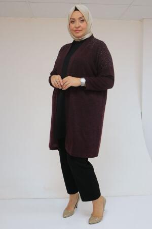 53047 Büyük Beden Omzu Taş Detaylı Mir Ceket - Mürdüm - 