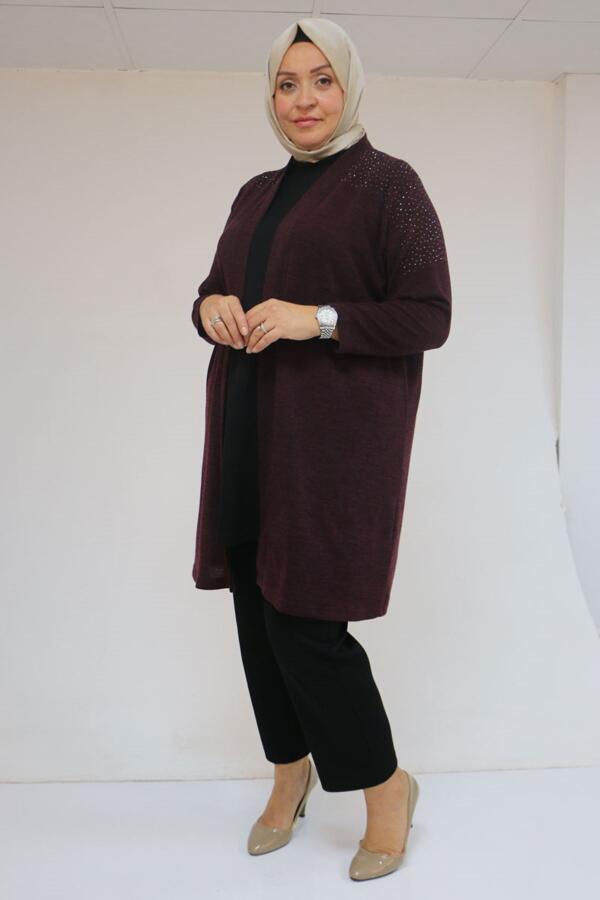 53047 Büyük Beden Omzu Taş Detaylı Mir Ceket - Mürdüm - 1