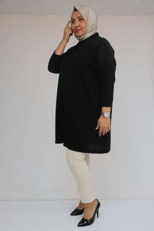 53047 Büyük Beden Omzu Taş Detaylı Mir Ceket - Siyah - 