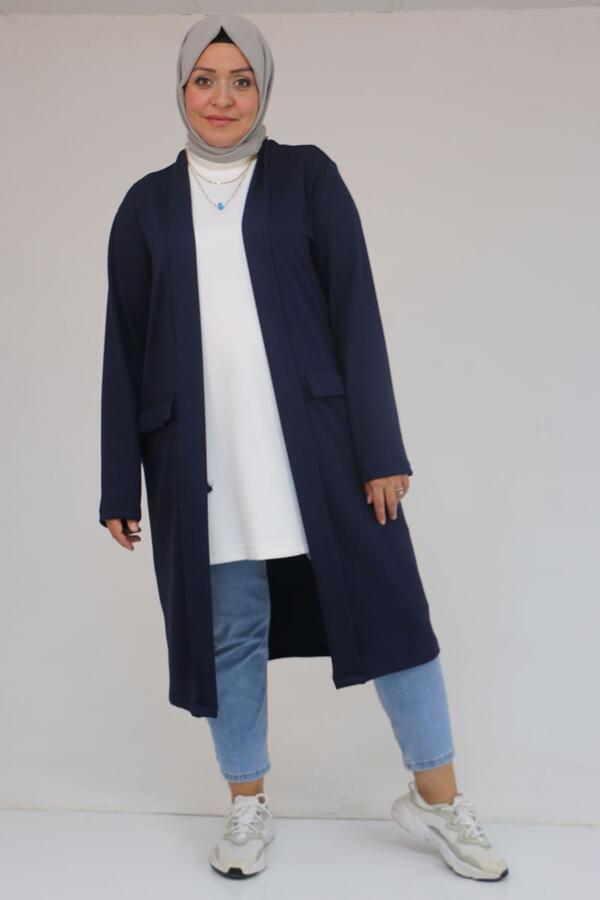 53048 Büyük Beden Cepli Uzun Modal Ceket - Lacivert - 1