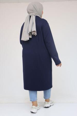 53048 Büyük Beden Cepli Uzun Modal Ceket - Lacivert - 3