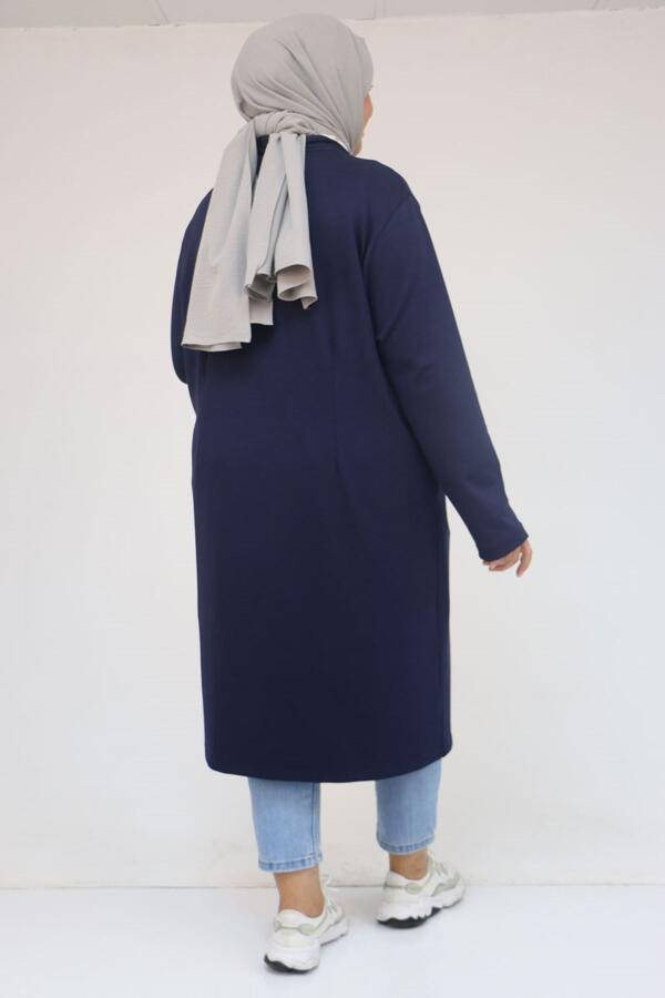 53048 Büyük Beden Cepli Uzun Modal Ceket - Lacivert - 3