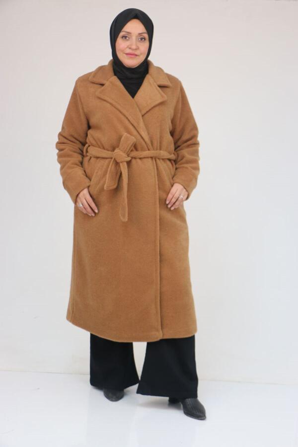 53049 Büyük Beden Keçe Kalın Manşetli Kaban - Taba - 1