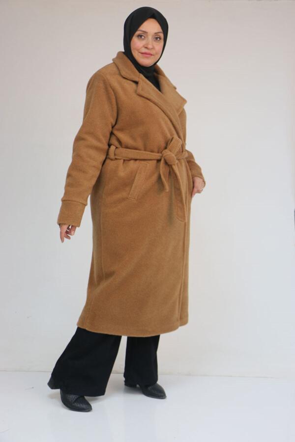 53049 Büyük Beden Keçe Kalın Manşetli Kaban - Taba - 3