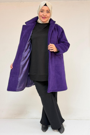 53051 Büyük Beden Keçe Kaban - Mor - 