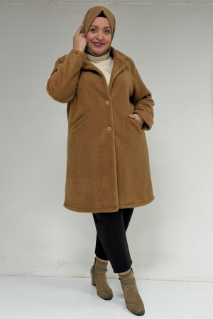 53051 Büyük Beden Keçe Kaban - Taba - 