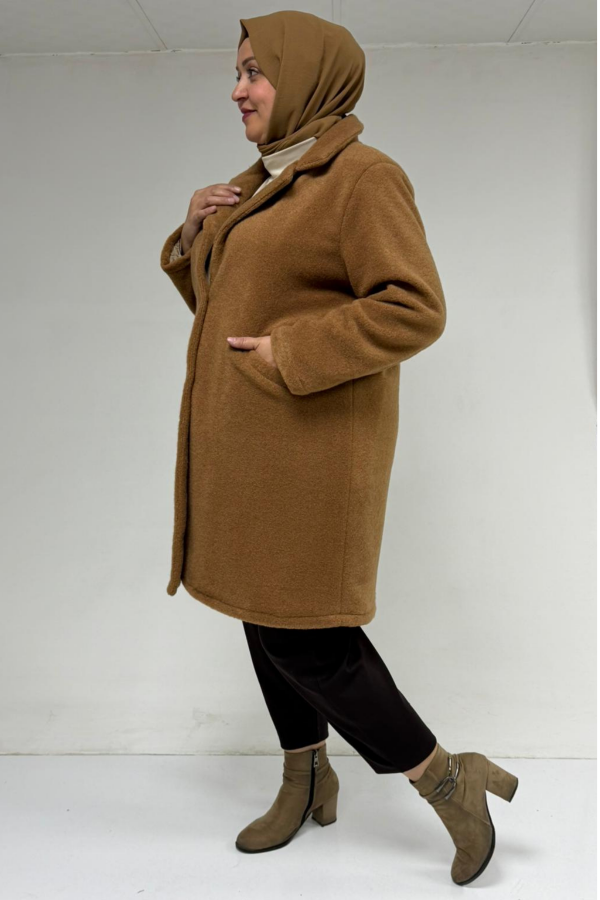 53051 Büyük Beden Keçe Kaban - Taba - 2