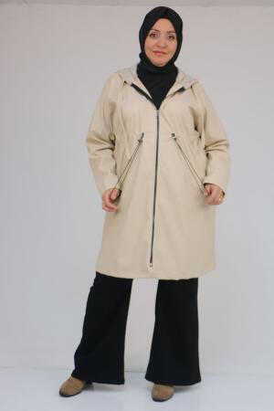 53055 Büyük Beden Bebe Lastik Detaylı Zara Deri Trençkot - Bej - 