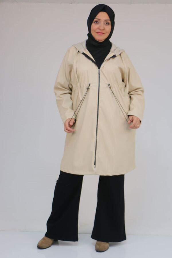 53055 Büyük Beden Bebe Lastik Detaylı Zara Deri Trençkot - Bej - 3