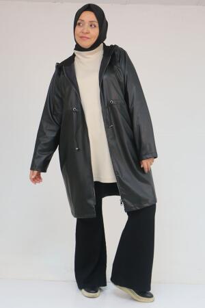 53055 Büyük Beden Bebe Lastik Detaylı Zara Deri Trençkot - Siyah - 