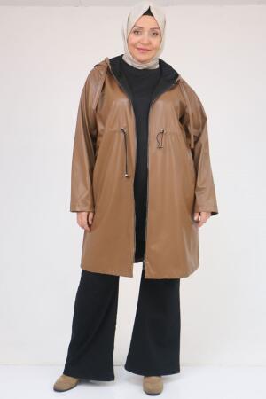 53055 Büyük Beden Bebe Lastik Detaylı Zara Deri Trençkot - Taba - 
