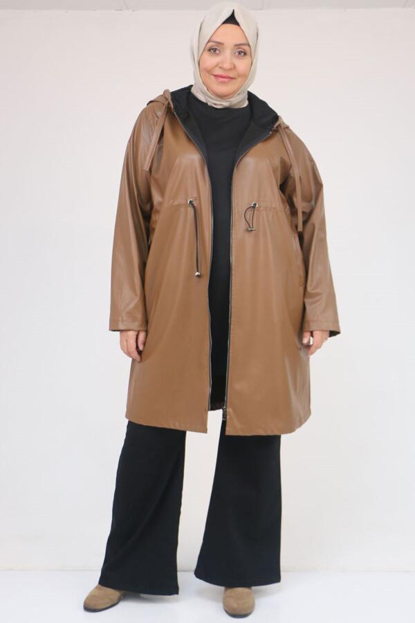53055 Büyük Beden Bebe Lastik Detaylı Zara Deri Trençkot - Taba - 1