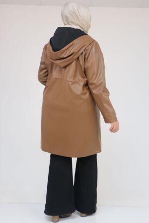 53055 Büyük Beden Bebe Lastik Detaylı Zara Deri Trençkot - Taba - 3