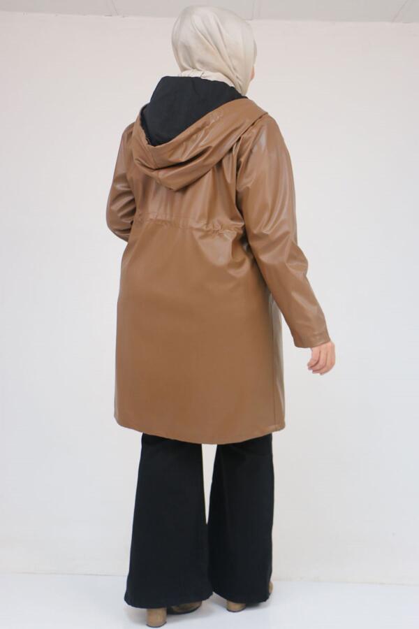 53055 Büyük Beden Bebe Lastik Detaylı Zara Deri Trençkot - Taba - 3