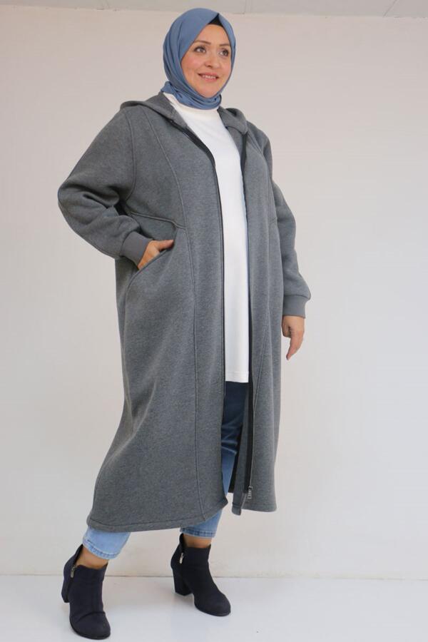 53059 Büyük Beden Kolları Ribanalı Üç İplik Kap - Antrasit - 1