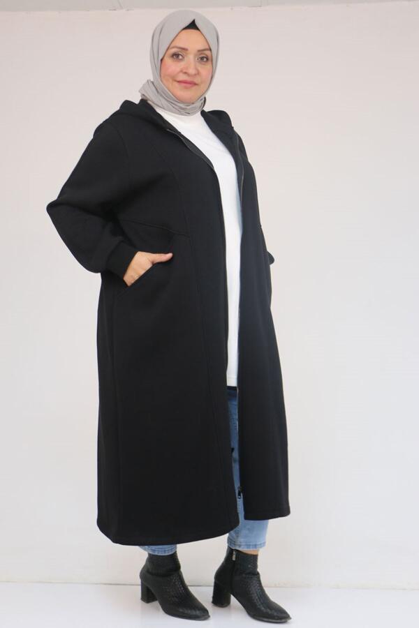 53059 Büyük Beden Kolları Ribanalı Üç İplik Kap - Siyah - 1