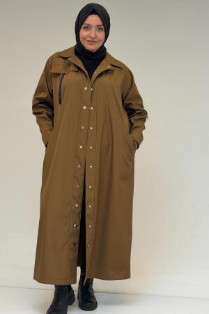 53062 Büyük Beden Sahte Cep Detaylı Bondit Trençkot - Taba - 