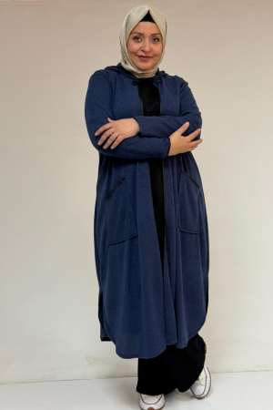 53063 Büyük Beden Biyeli Cepli Mir Ceket - İndigo - 