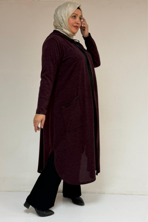 53063 Büyük Beden Biyeli Cepli Mir Ceket - Mürdüm - 