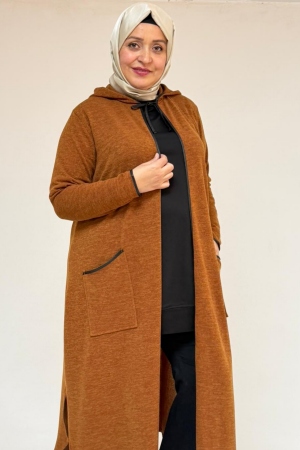 53063 Büyük Beden Biyeli Cepli Mir Ceket - Taba - 3