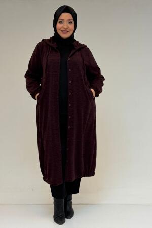 53065 Büyük Beden Kapüşonlu - Düğmeli Mir Ceket - Mürdüm - 