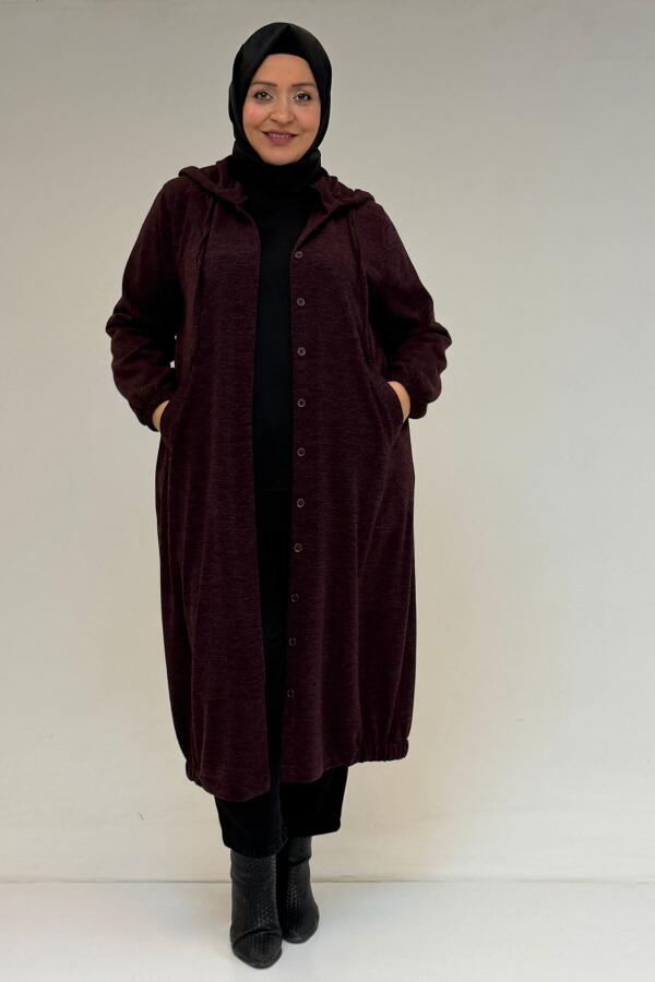 53065 Büyük Beden Kapüşonlu - Düğmeli Mir Ceket - Mürdüm - 1