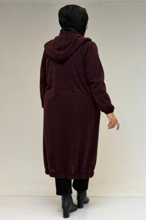 53065 Büyük Beden Kapüşonlu - Düğmeli Mir Ceket - Mürdüm - 3