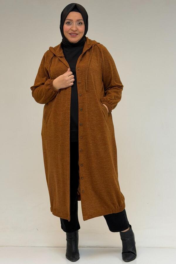 53065 Büyük Beden Kapüşonlu - Düğmeli Mir Ceket - Taba - 1