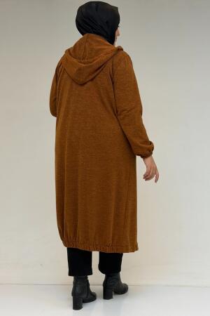 53065 Büyük Beden Kapüşonlu - Düğmeli Mir Ceket - Taba - 3