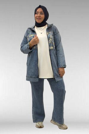 53068 Büyük Beden Bebe Lastik Detaylı Kot Ceket - Mavi - 