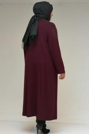 53069 Büyük Beden Omzu Taş Detaylı Penye Tunik - Bordo - 3