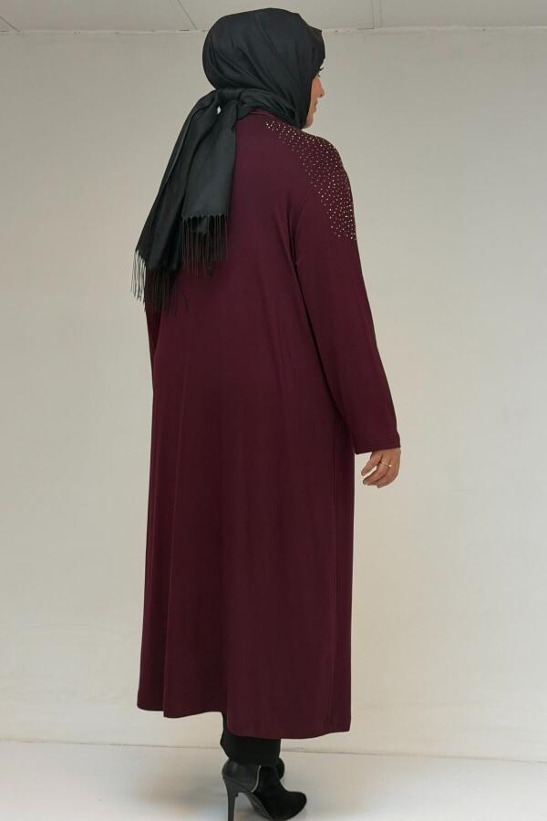 53069 Büyük Beden Omzu Taş Detaylı Penye Tunik - Bordo - 3
