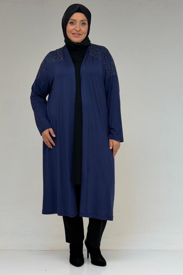 53069 Büyük Beden Omzu Taş Detaylı Penye Tunik - İndigo - 1