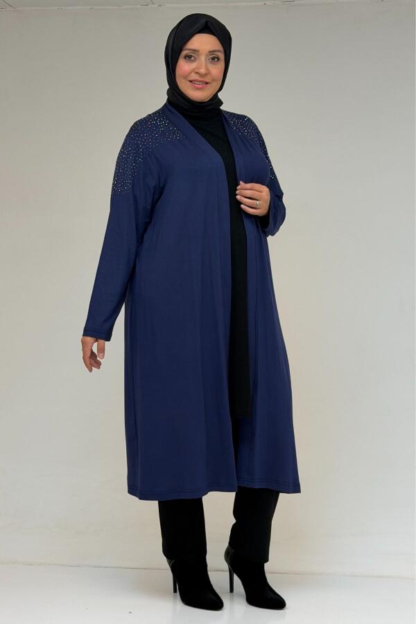 53069 Büyük Beden Omzu Taş Detaylı Penye Tunik - İndigo - 3