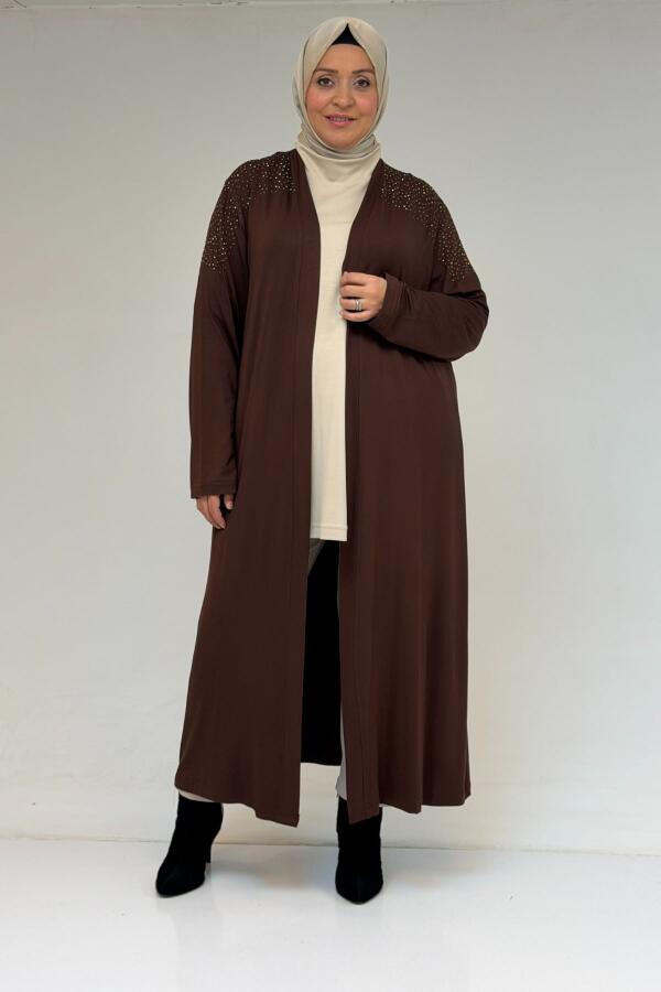 53069 Büyük Beden Omzu Taş Detaylı Penye Tunik - Kahve - 1
