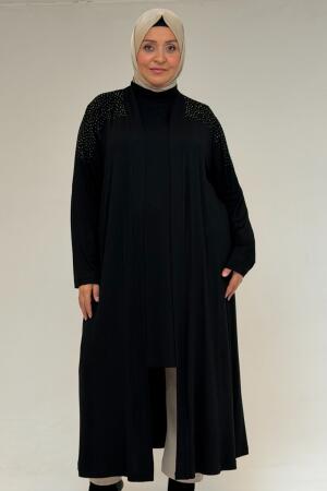 53069 Büyük Beden Omzu Taş Detaylı Penye Tunik - Siyah - 