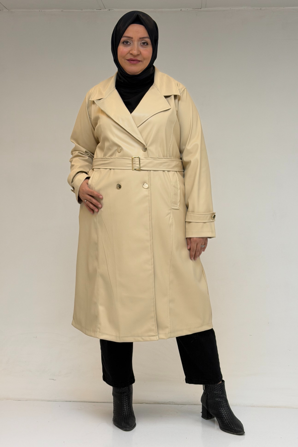 53073 Büyük Beden Kemerli Deri Trençkot - Bej - 1