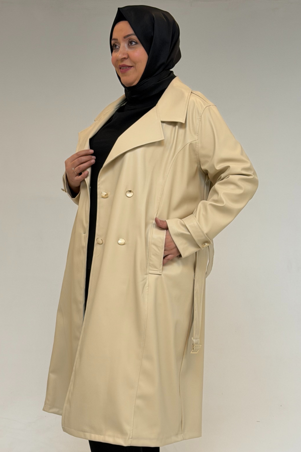 53073 Büyük Beden Kemerli Deri Trençkot - Bej - 3