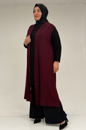 54005 Büyük Beden Patı Pileli Giy Çık Yelek - Bordo - 3