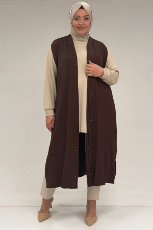54005 Büyük Beden Patı Pileli Giy Çık Yelek - Kahve - 