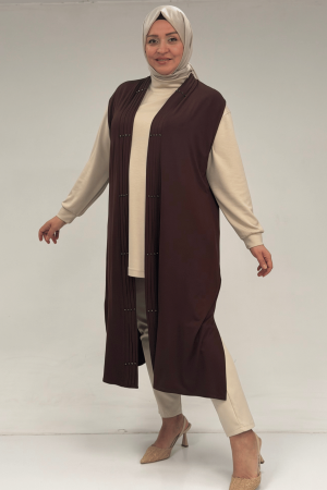 54005 Büyük Beden Patı Pileli Giy Çık Yelek - Kahve - 3
