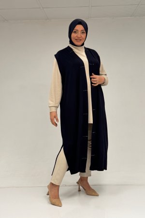 54005 Büyük Beden Patı Pileli Giy Çık Yelek - Lacivert - 