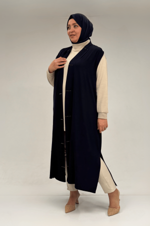 54005 Büyük Beden Patı Pileli Giy Çık Yelek - Lacivert - 3