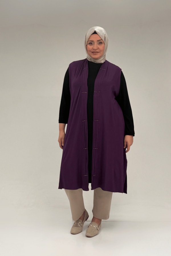 54005 Büyük Beden Patı Pileli Giy Çık Yelek - Mor - 1