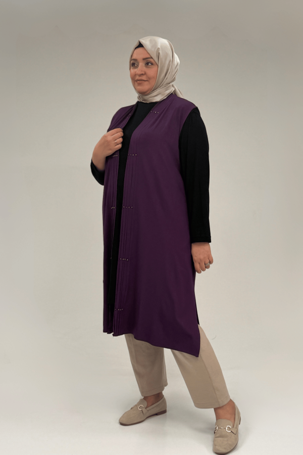 54005 Büyük Beden Patı Pileli Giy Çık Yelek - Mor - 3