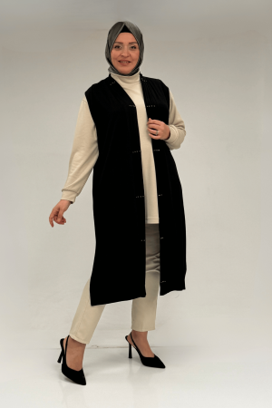 54005 Büyük Beden Patı Pileli Giy Çık Yelek - Siyah - 