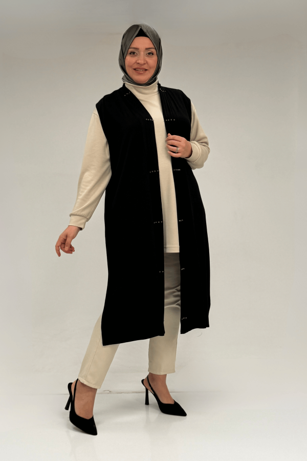 54005 Büyük Beden Patı Pileli Giy Çık Yelek - Siyah - 1