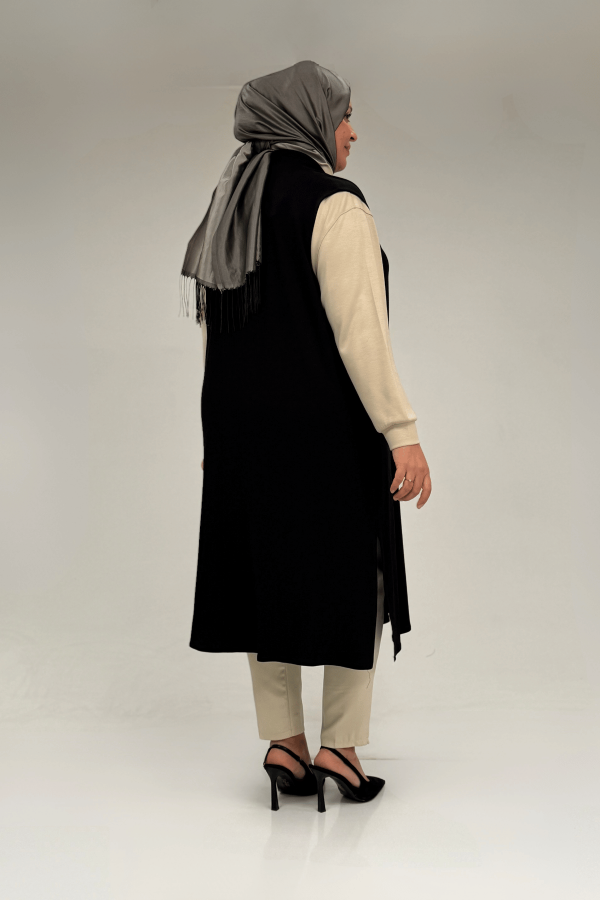 54005 Büyük Beden Patı Pileli Giy Çık Yelek - Siyah - 3