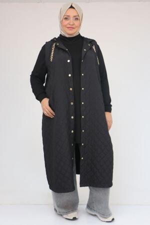 54008-1 Büyük Beden Zincir Kordonlu Modal-Kapitone Yelek - Siyah - 