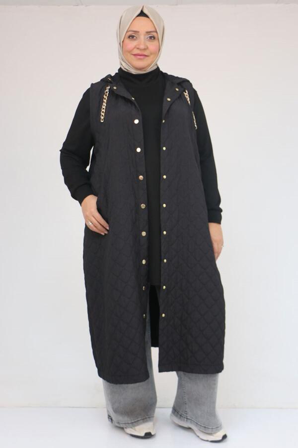 54008-1 Büyük Beden Zincir Kordonlu Modal-Kapitone Yelek - Siyah - 1